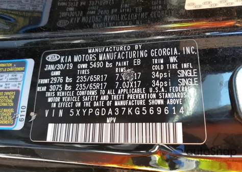 2019 Kia Sorento L z USA, uszkodzony, nr VIN 5XYPGDA37KG569614